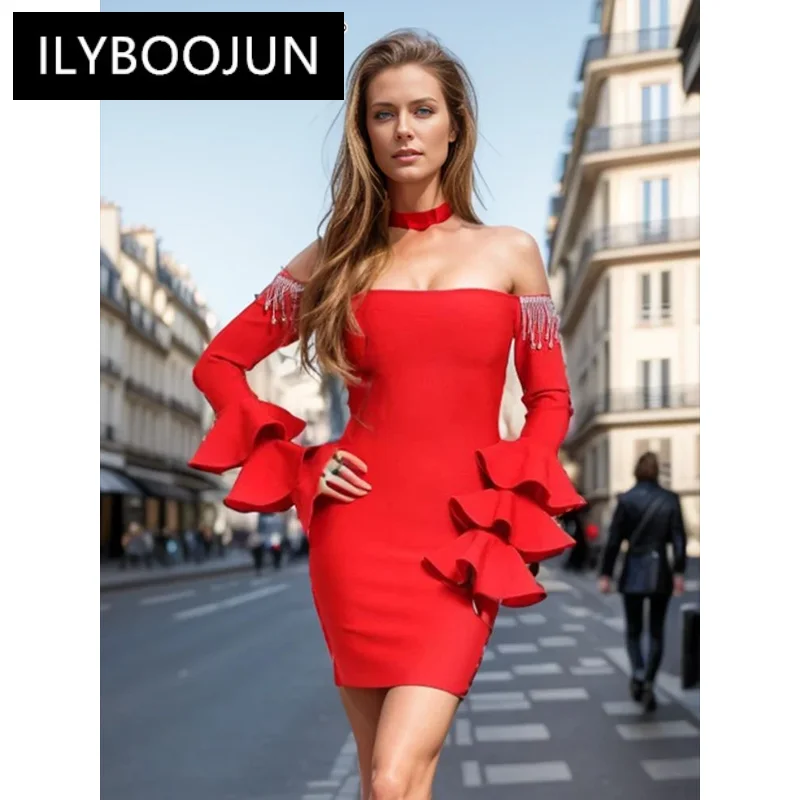 

ILYBOOJUN Solid Spliced Diamonds Slim Mini Dresses For Women Slash Neck Flare Sleeve High Waist Minimalist Chic Dress Female