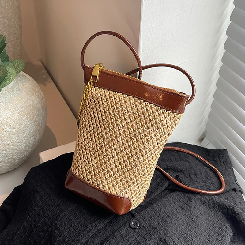 Straw Knitted Purses and Handbags Women Beige Shoulder Bags Summer Holiday Raffia Woven Side Bag Ladies Crossbody Beach Bags