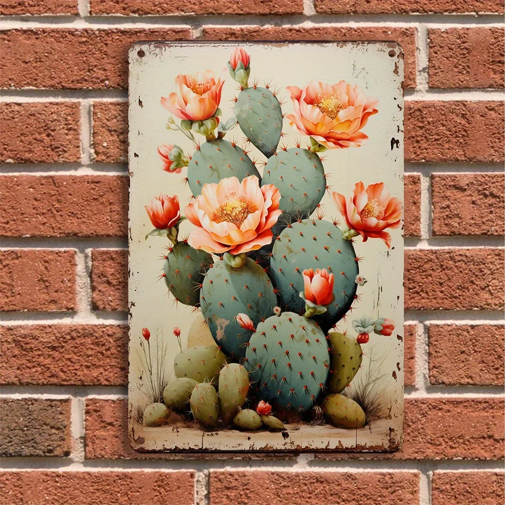 Vintage Cactus and Floral Design Metal Wall Art Durable Iron Tin Sign Easy To Install Great for Home or Office Decor Unique Gift