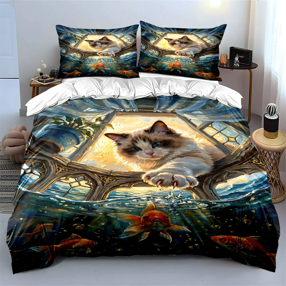 Cat playing with goldfish, sunlight window Printed Duvet Cover Set 1 Duvet Cover+2 Pillowcase Multi Size Bedroom Bedding Decor