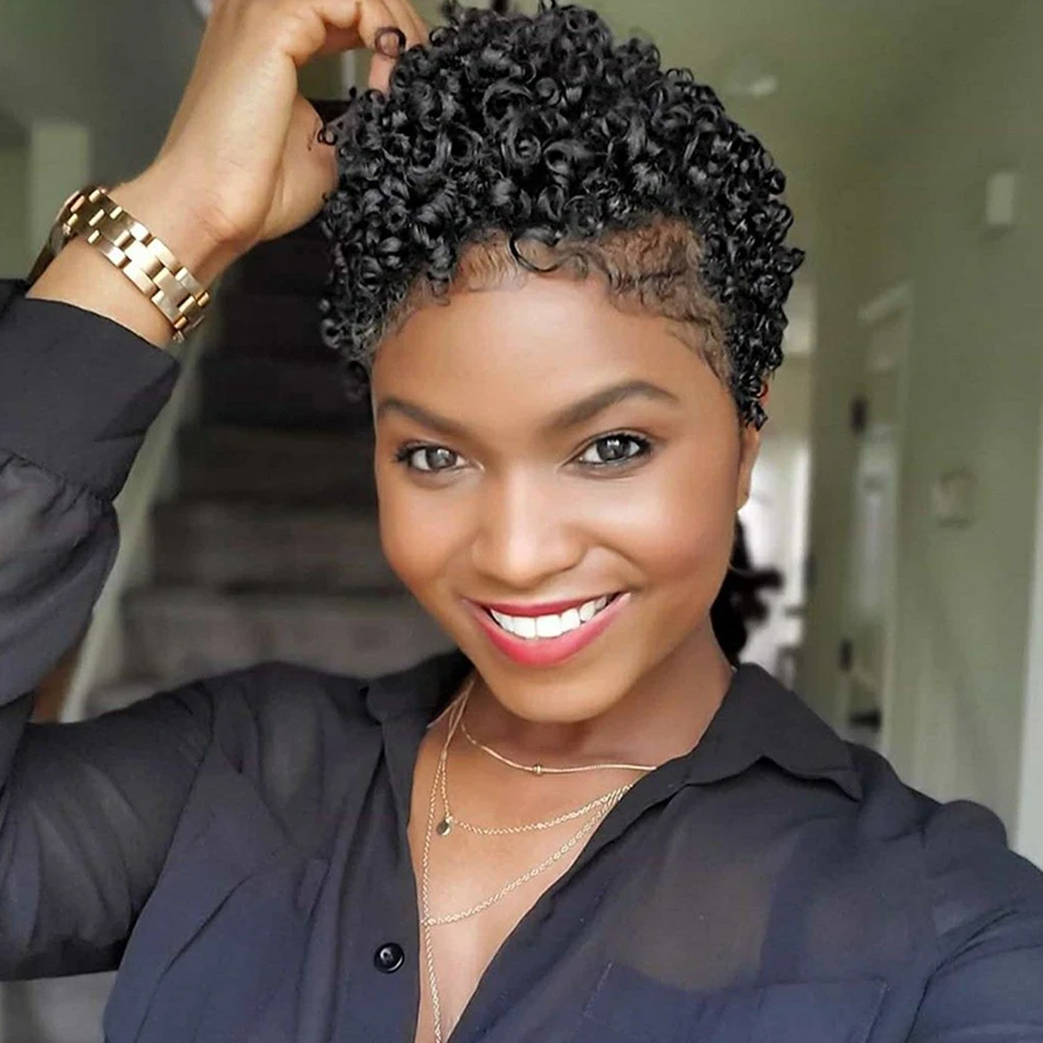 

Curly Human Hair Wig With Bangs Remy Brazilian Human Hair Wig Short Water Curly Pixie Cut Human Hair Wig with Curlved Fringe