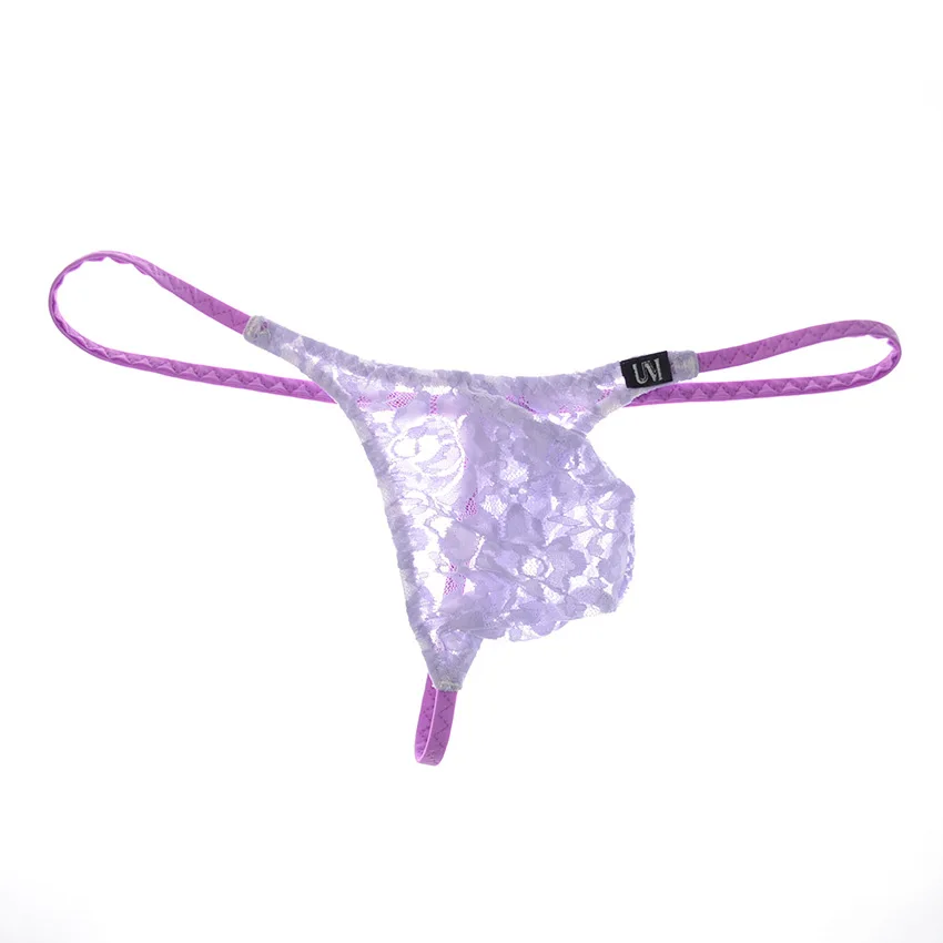 Solid Floral Lace T-back Panties for Men Sexy Low Rise Color Contrast Thin Band, Ventilated 3D Bulge Pouch Male Thong Underpants