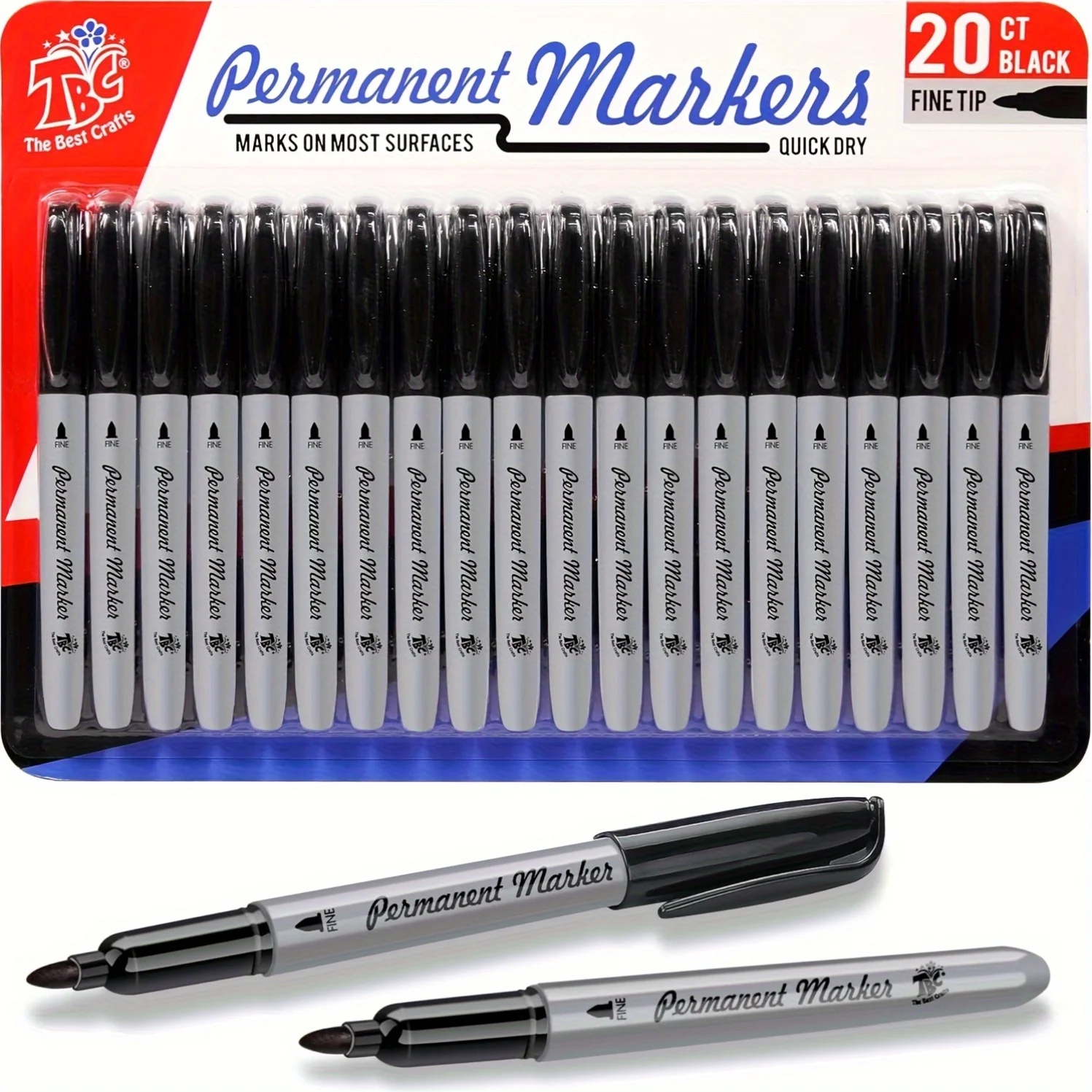 TBC The Best Crafts Permanent Markers Set, Fine Flexible Tip, Quick-Dry & Fade-Resistant, Works On Paper, Plastic, Metal & More, Vibrant Colors (20 Black)