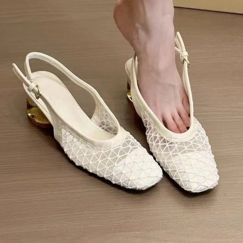 

2025 New French Style Square Head Braided Headless Hollow Sandals for Women's Crystal Matching Shoes