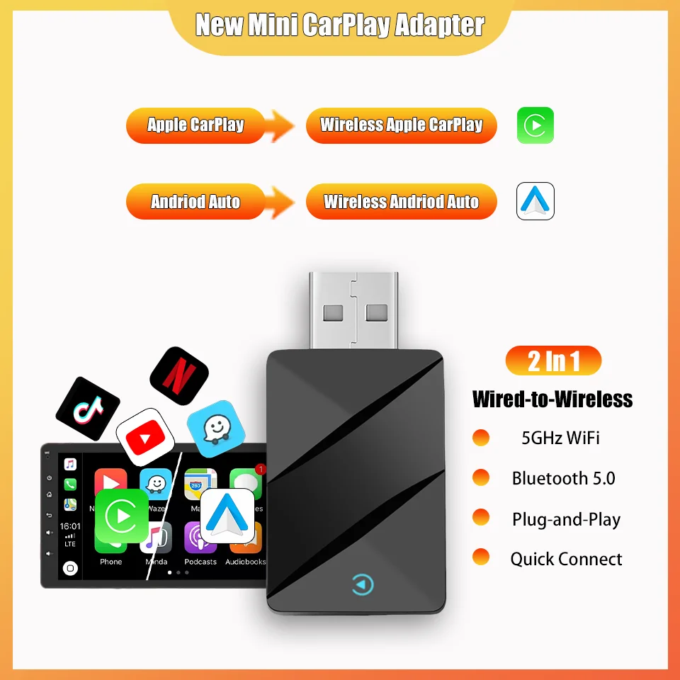 

2025 New 2in1 Carplay Box Wired to Wireless CarPlay & Android Auto Dongle Automatic Connect Adapter Bluetooth Plug & Play