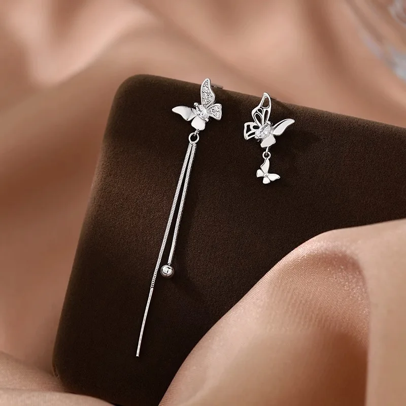 

New 925 Sterling Silver Stud Earrings Clear CZ Butterfly Tassel Asymmetric For Women Girl Gift Jewelry Dropshipping Wholesale