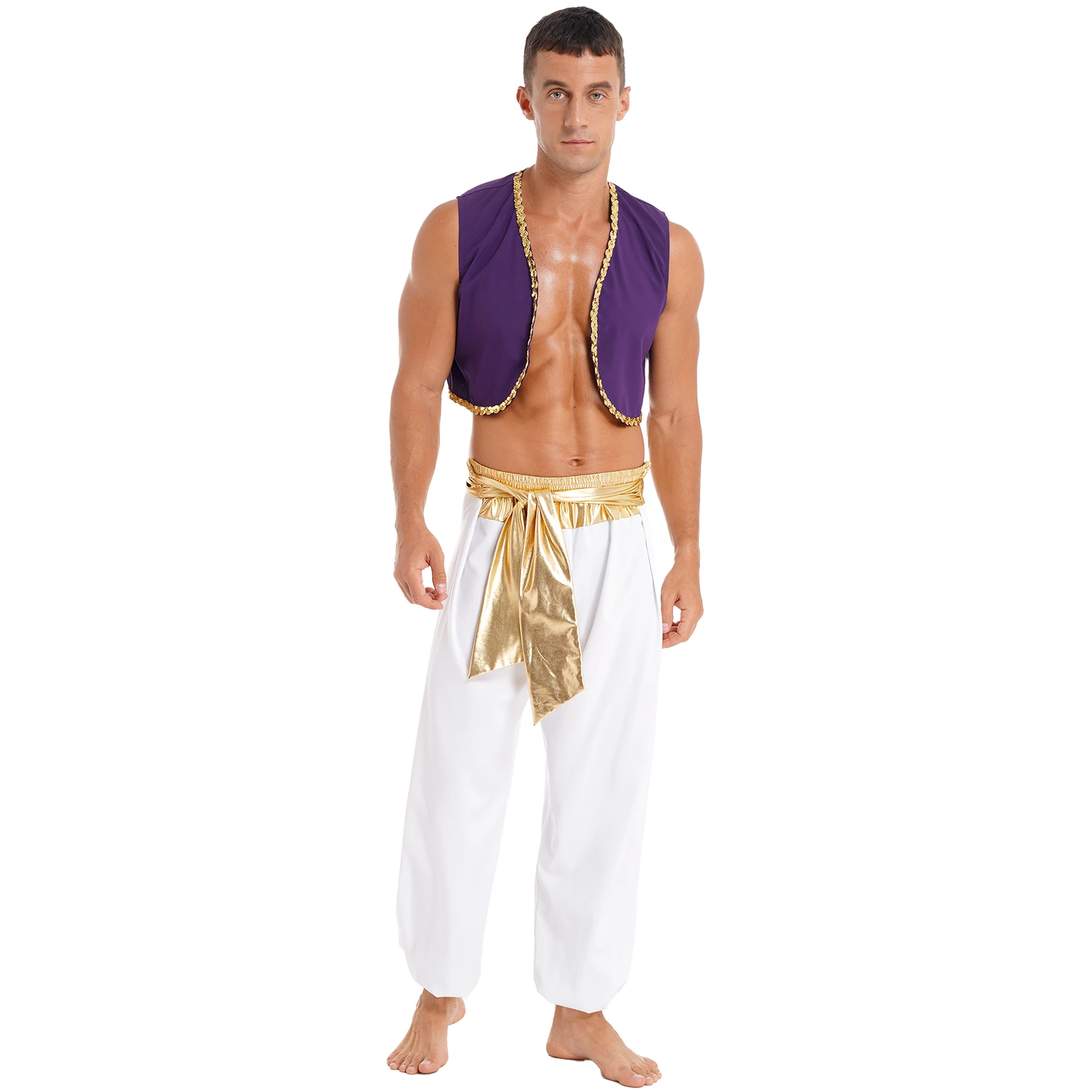 Mens Halloween Arabian Prince Costume mitico Aladin Party Cosplay Fancy Dress Outfit paillettes Trim gilet con pantaloni con cintura