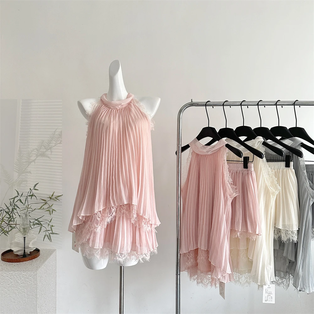

Summer Women Rave Vacation Coquette Korean Fashion Party Evening Loose Outfits 2 Piece Set Sleeveless Top + Mini Pleated Skirt