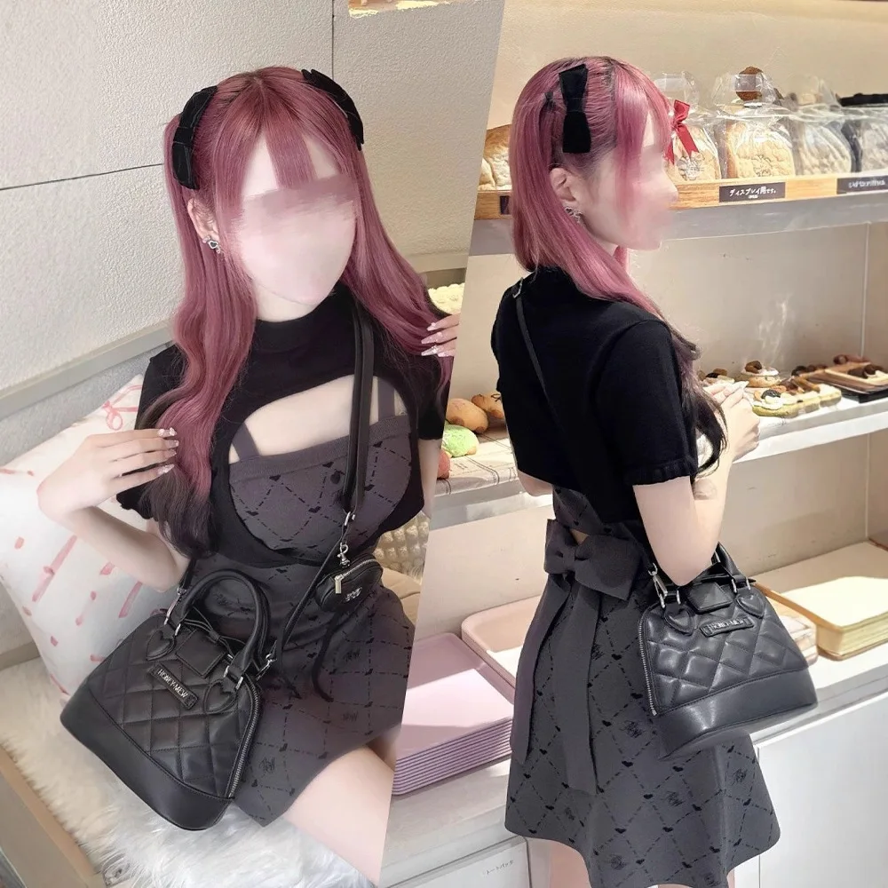 Stile giapponese elegante amore scava fuori manica corta scialle grembiule carino fiocco posteriore jacquard senza maniche bretelle abito corto a trapezio