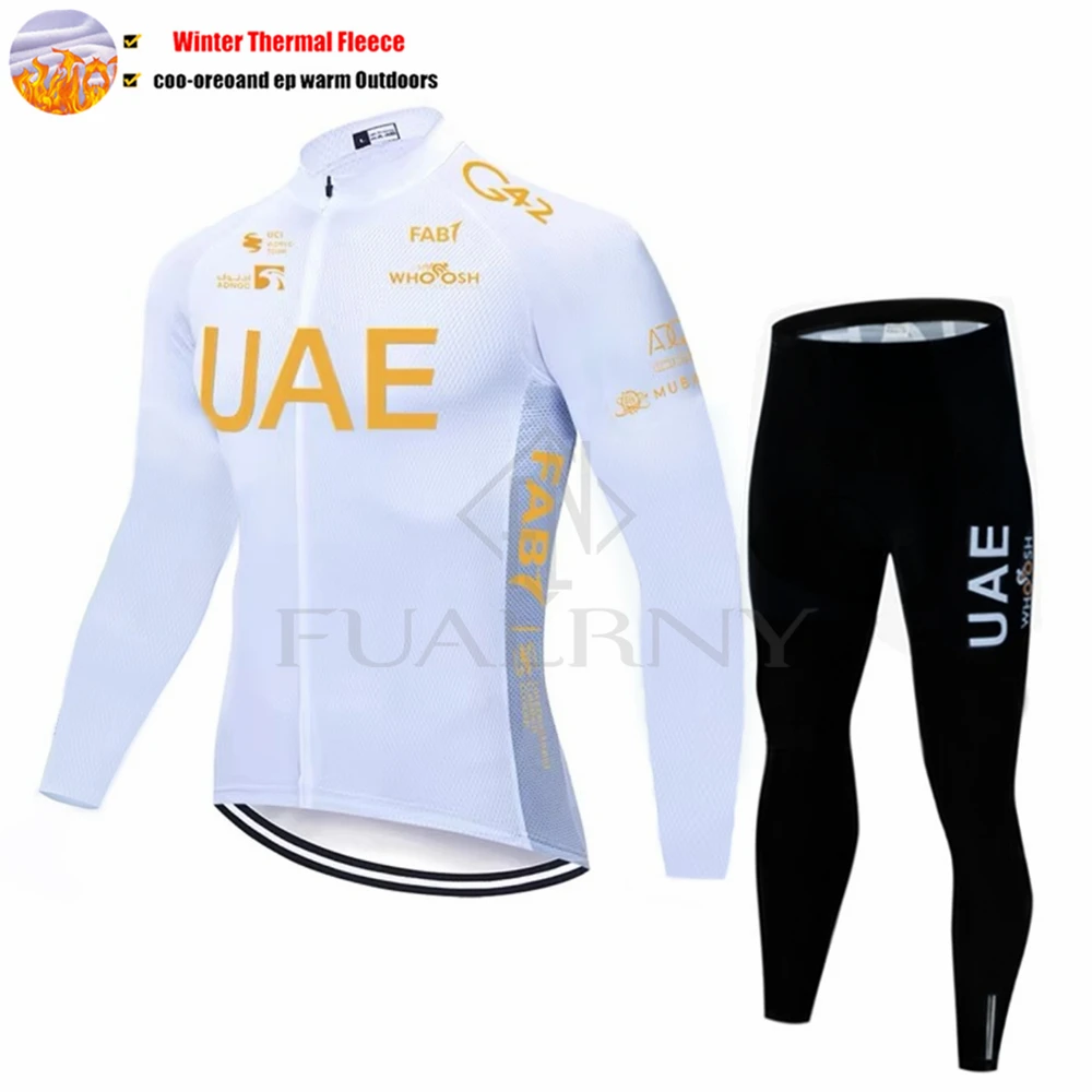 New UAE Winter Thermal Fleece Cycling Jersey Set Cycling Clothes Jersey Suit Outdoor Bike Bib Pants Ropa Maillot Ciclismo Hombre