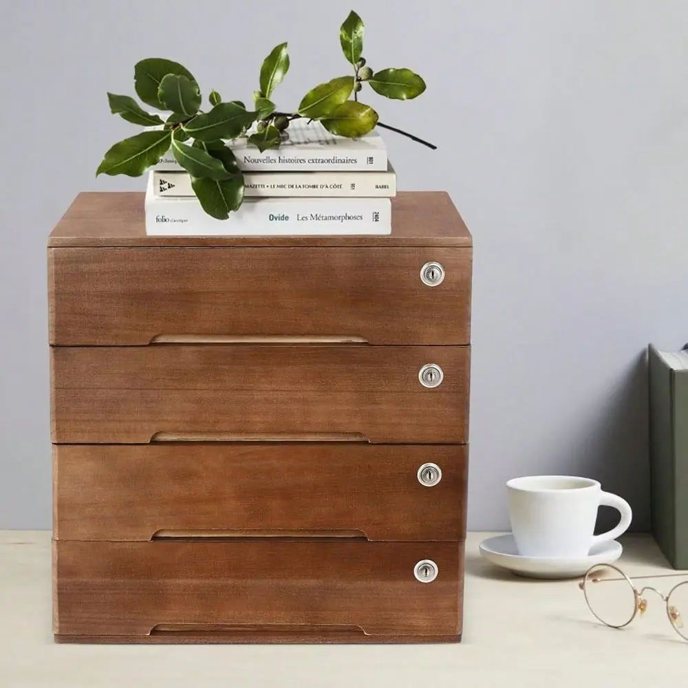 

LOYALHEARTDYBTG Vintage 4Drawer Wooden Desk Organizer Stackable Craft Storage Drawers With Lock Rustic Tool Box With Drawers Mu