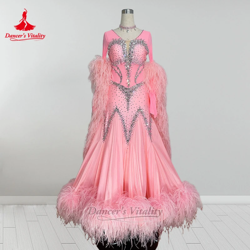 Blackpool Dance Festival Pearl Silk Chiffon Fabric Professional Clothing Custom Adult Ballroom Feather Dresses Dancer's Vitality