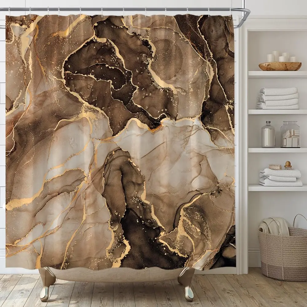 Brown Marble Shower Curtain Abstract Texture Art Modern Ombre Luxury Style Bathroom Decor Set with Hooks