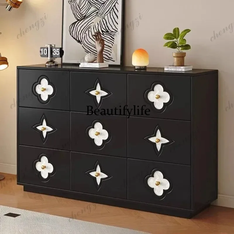 E182   French Style Retro Sideboard Elegant Shell 4leaf Clover Shape Solid Wood Bucket Storage Cabinet Bedroom Living Room