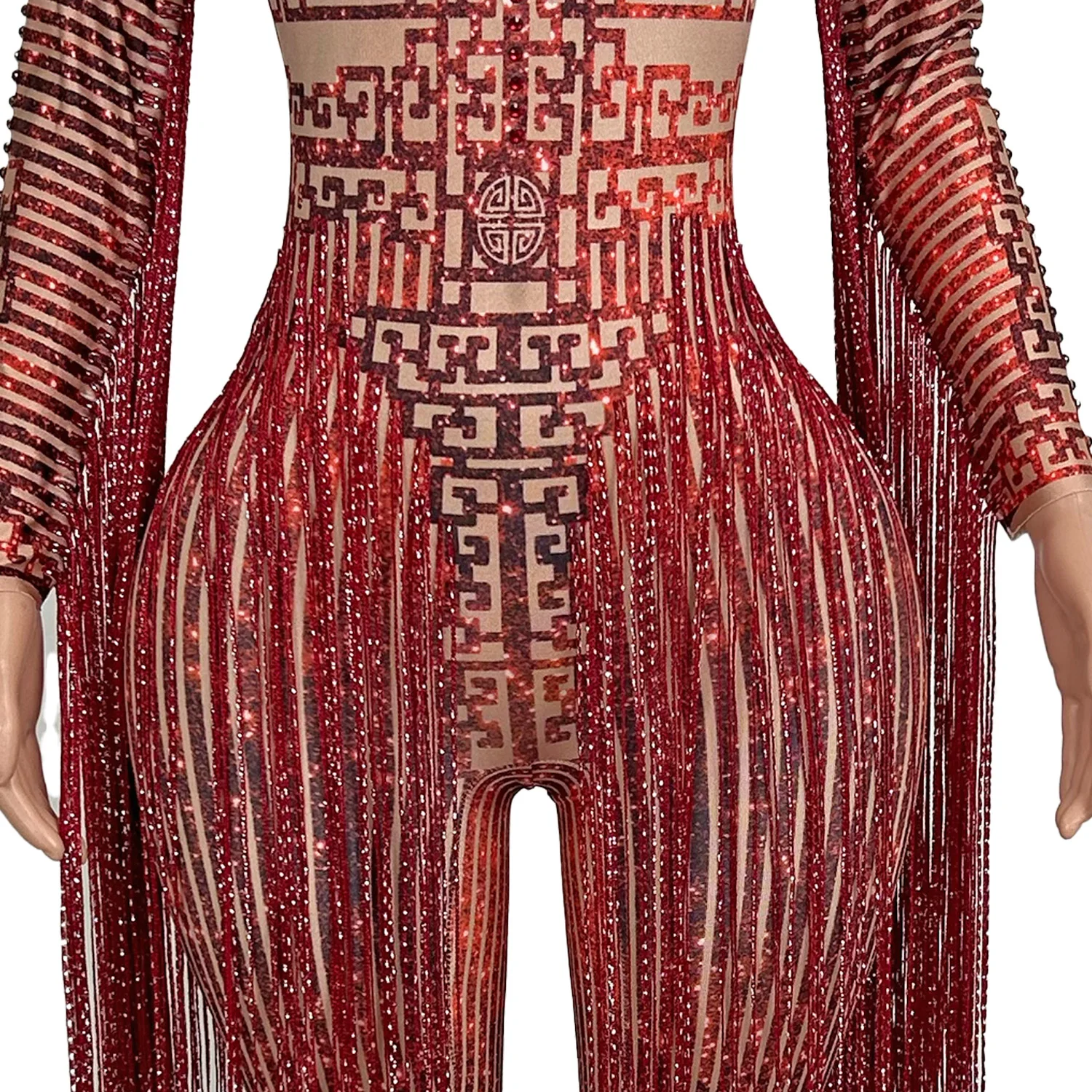 Sparkly Red Rhinestone Long Tassel Tight Fitting Jumpsuit Spandex Elastic Drag Queen Performer Wear gig Dance Outfit Hongloumeng