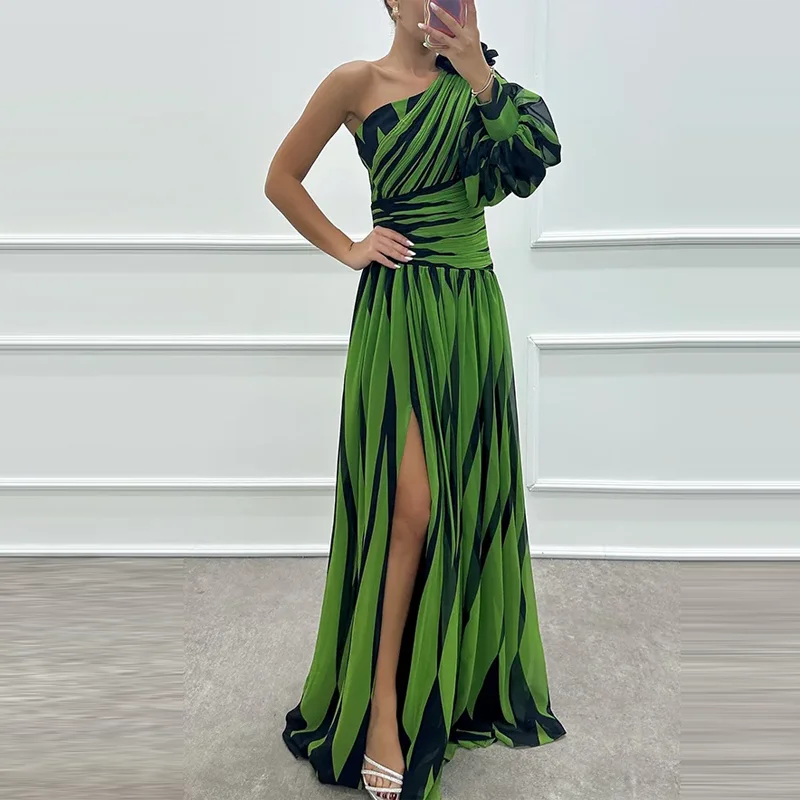Sexy Elegant Diagonal Collar Off Shoulder Split-Side Party Evening Dress Spring Printed Striped Bohemian Long Dress Off Women\'s