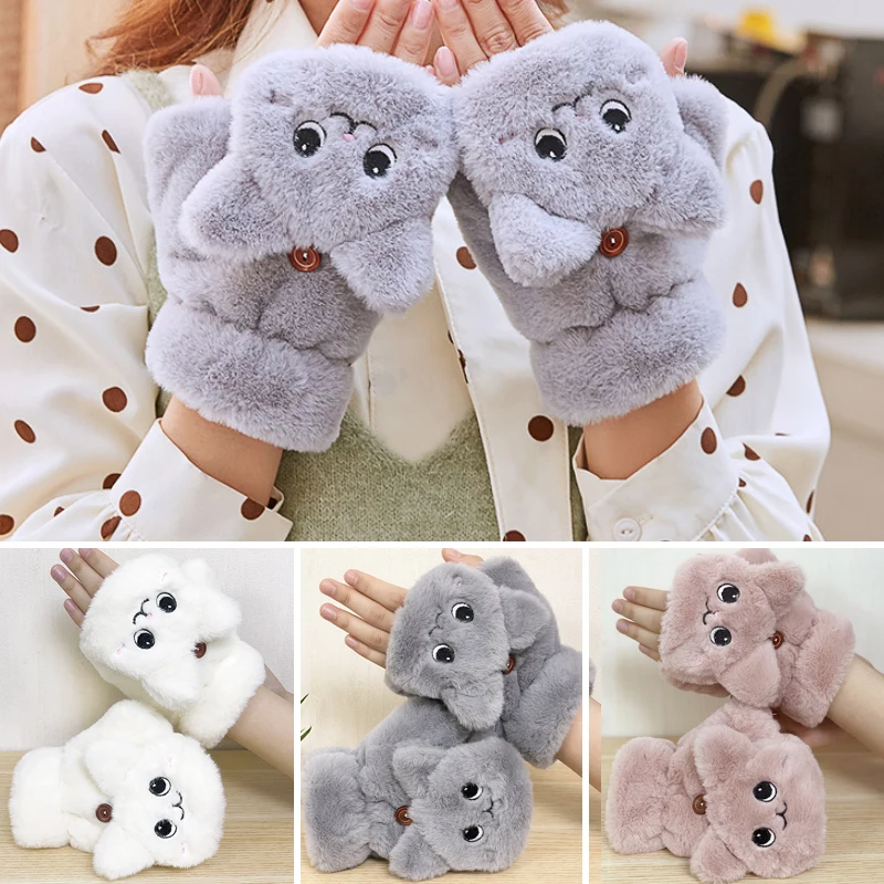 

Faux Rabbit Fur Mittens Plush Fingerless Gloves Driving Glove Winter Soft Warm Thick Gloves for Women Girl Half Finger Glove