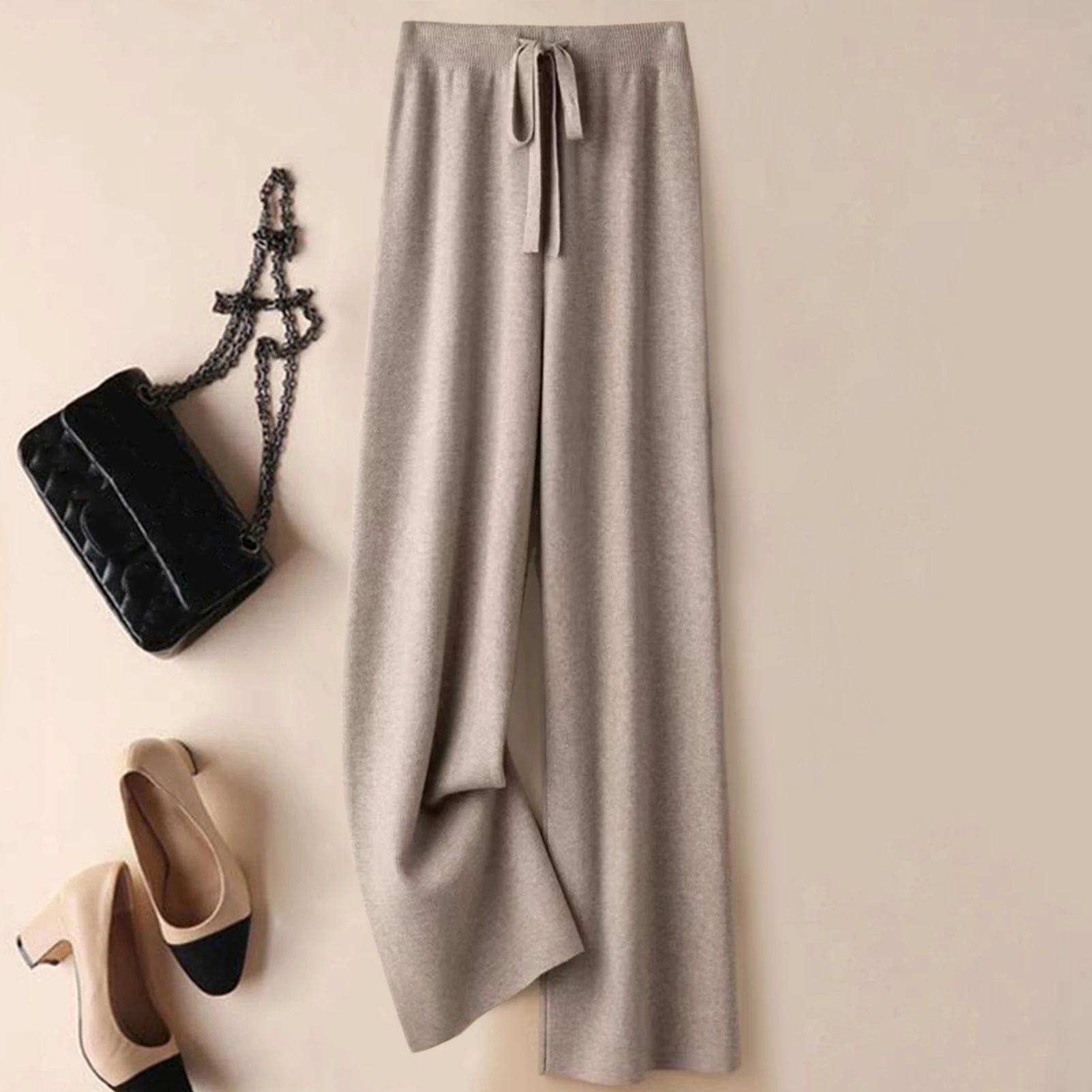 2025 ผ้าม่านสูงเอวกางเกงขากว้างผู้หญิงฤดูใบไม้ร่วงฤดูหนาว Casual หลวมถักกางเกงขาตรง LACE-up ผู้หญิงกางเกง