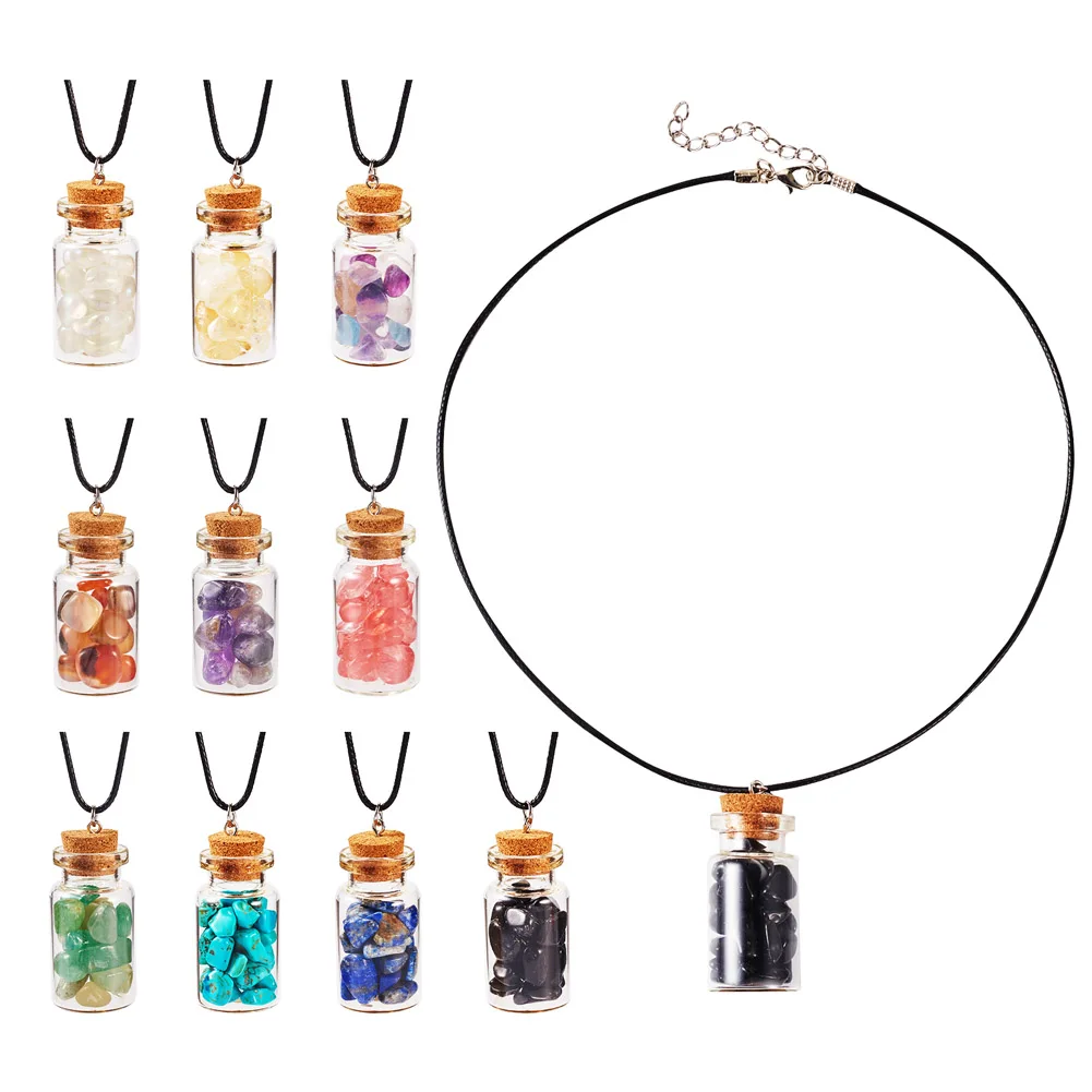 

10Pcs/Set Natural & Synthetic Gemstone Chip Wishing Bottle Clear Charm Necklaces with Wax Rope Jewelry Gifts Glass Bottle