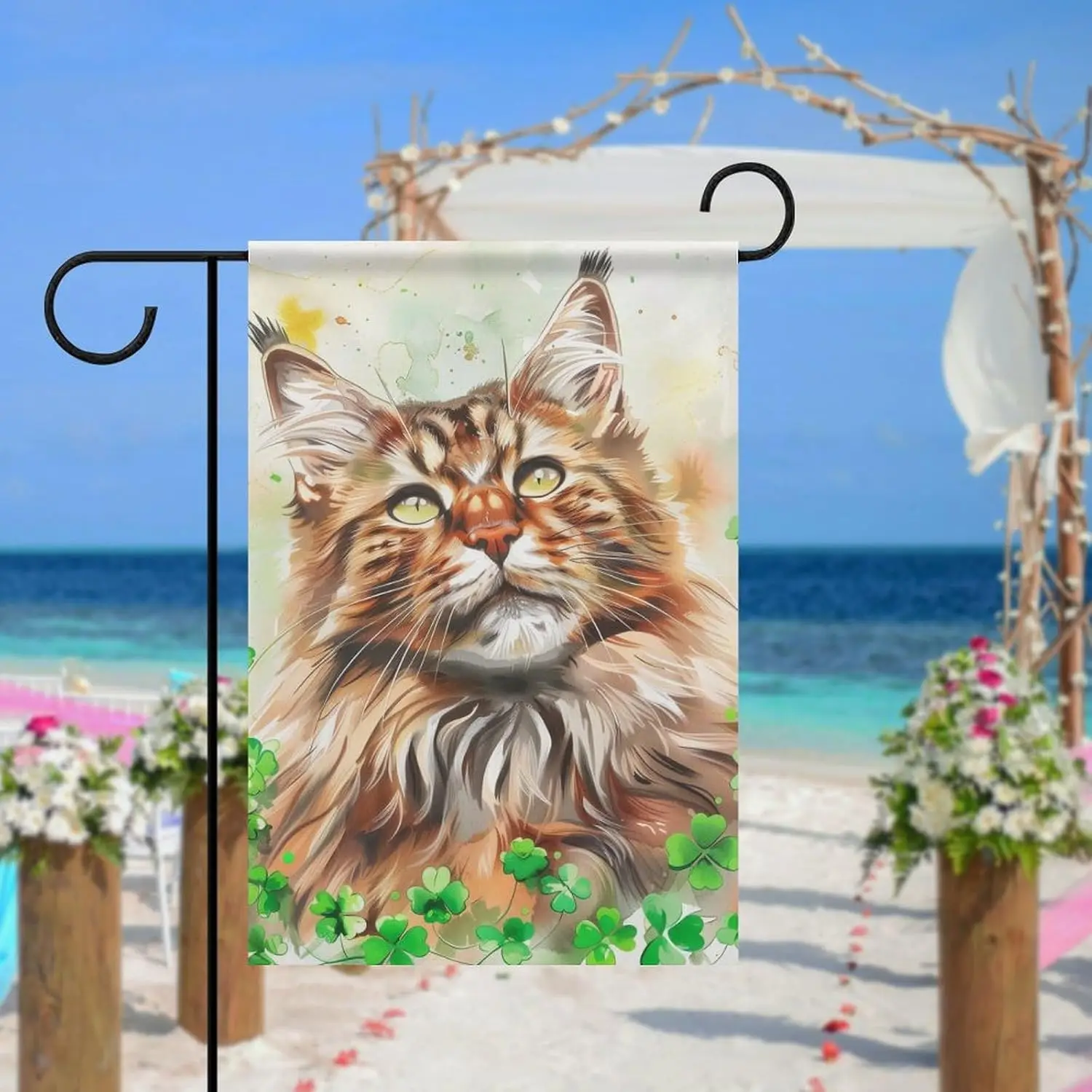 Deiubuc St. Patrick's Day Cat Garden Flag Double Sided 12x18 Maine Coon Cat Smiling Green Clover Garden Yard House Flags LLO uui