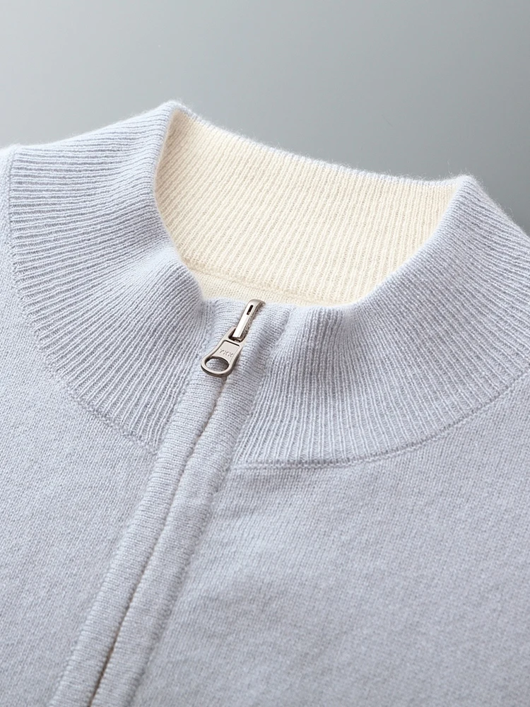 عالية الجودة الرجال خريف شتاء سميكة سترة الكشمير وهمية الرقبة سستة سترة 100% الكشمير تريكو الذكية ملابس دافئة غير رسمية