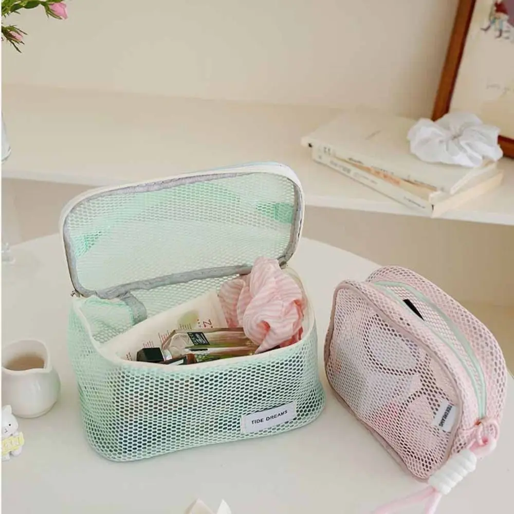 Solid Color Mesh Cosmetic Bag Zipper Storage Bag Transparent Makeup Bag Large Capacity Toiletry Bag Pillow Makeup Pouch Lady