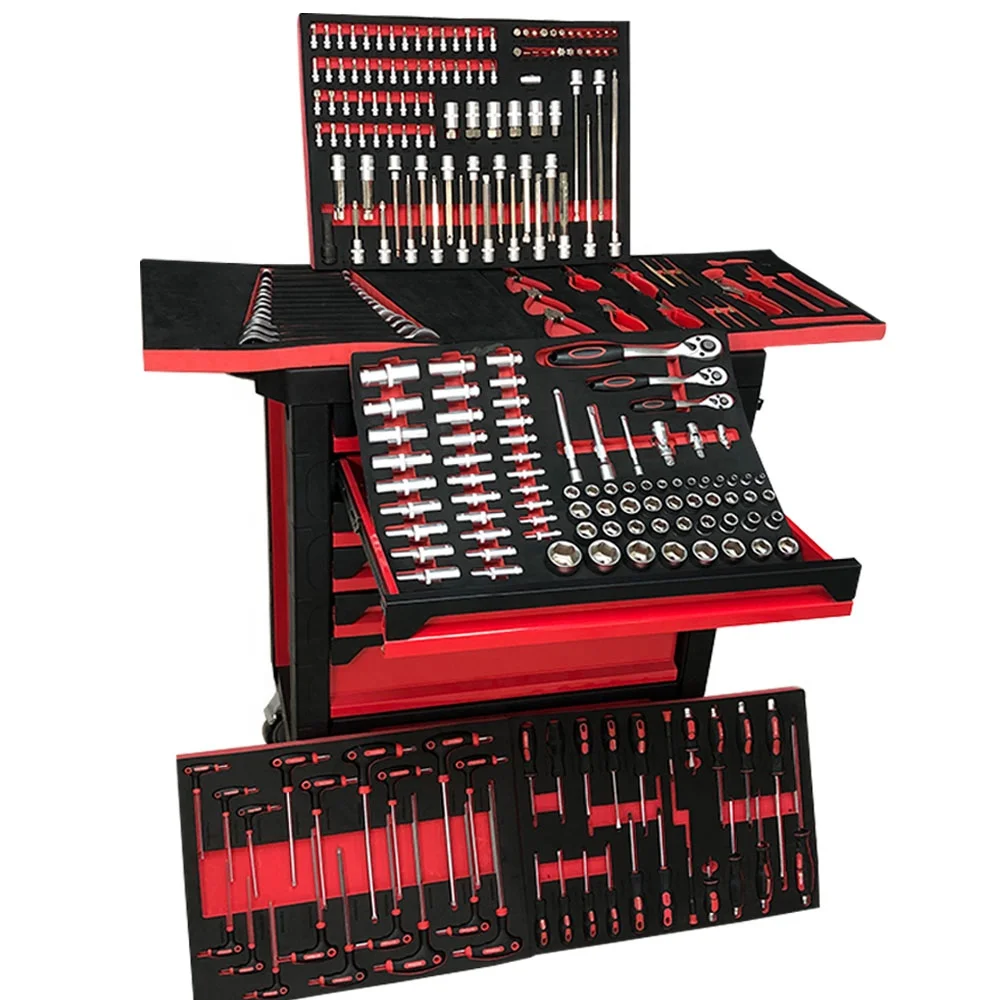 Lockable and Portable Multi-function Auto Repair Tool Box Trolley Cabinet Toolbox Multiple Compartments With Full Tools