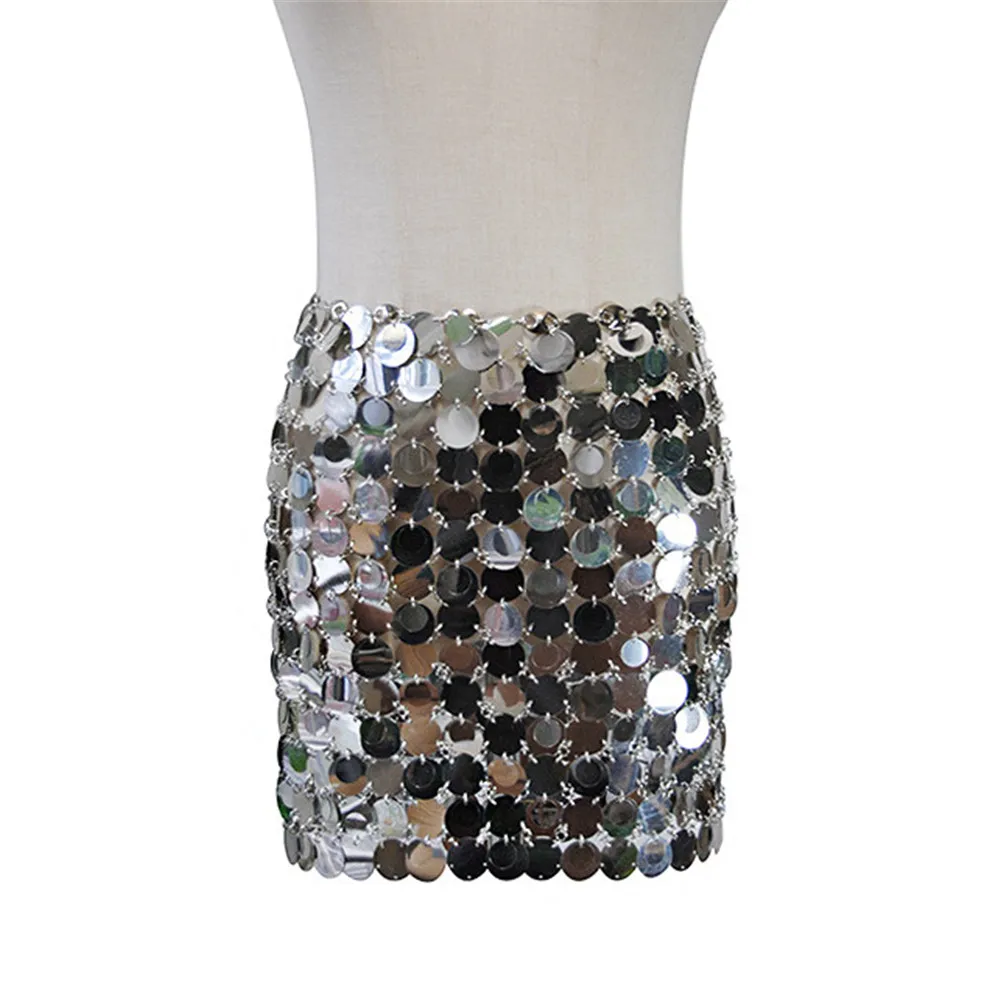 Solid y2k Shiny Sequins Sexy Mini Skirt For Women Hollow Out See Through Circular Sequin Outside Streetwear Shiny Lady Skirts