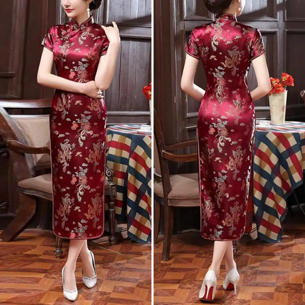 

Chinese Women Qipao Elegant Chinese National Style Floral Embroidery Cheongsam Dress with Stand Collar Short Sleeves for Summer