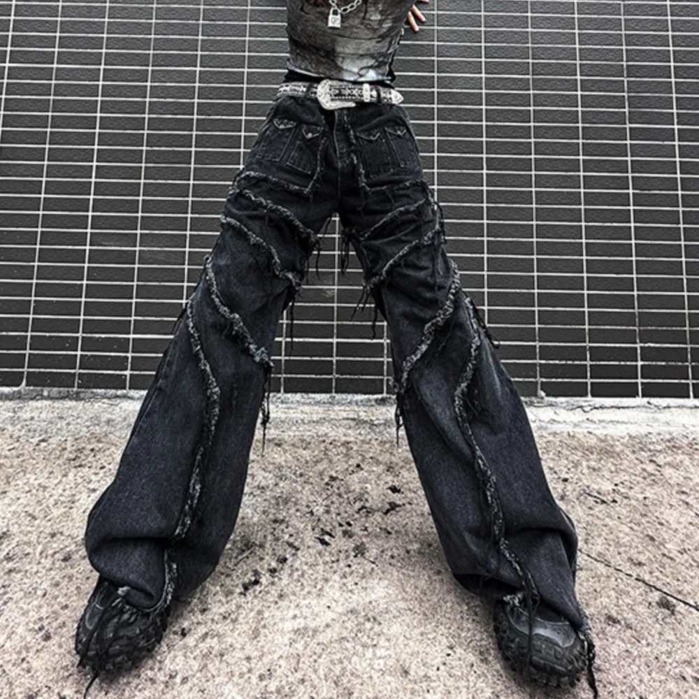 Dark Avant Garde Style Wasteland Stitching Tassel Wide-Leg Washed Jeans Niche Men's and Women's Ripped Trousers Distressed