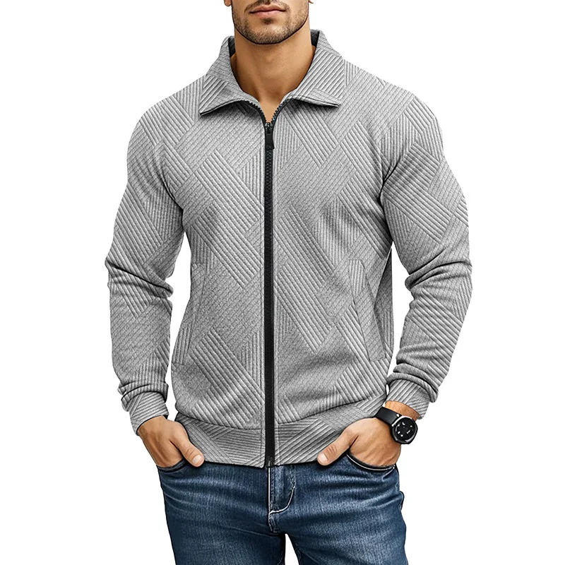 

Men's Casual Solid Waffle Turn Collar Zipper Baseball Jacket Coat Sports Long Sleeve Coat Outwear