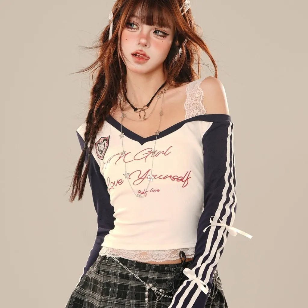 

Women's Long Sleeve T-shirt 260g Modal 1*1 Contrast Color Slim Fit Waist Tight Top Autumn Base Shirt by American Spice Girls