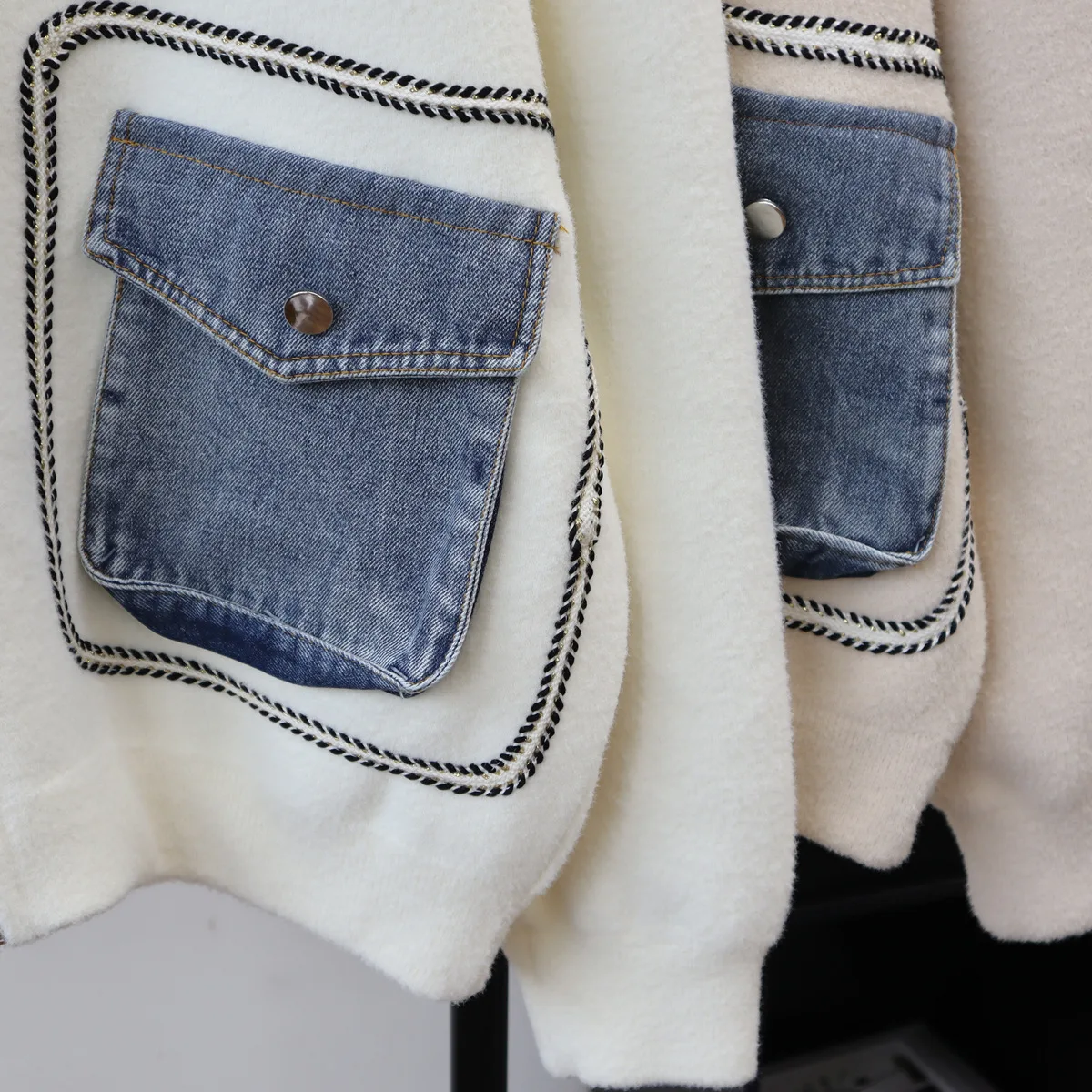 Mulheres casacos curtos de lã casual misturas jaquetas retalhos denim bolso camisola pulôver zíper solto elegante jumper 2025 outono