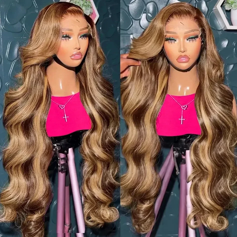 Body Wave Highlight Honey Brown Deep Wave 13x4 parrucche per capelli umani anteriori in pizzo trasparente capelli umani lisci 4/27 parrucche frontali in pizzo