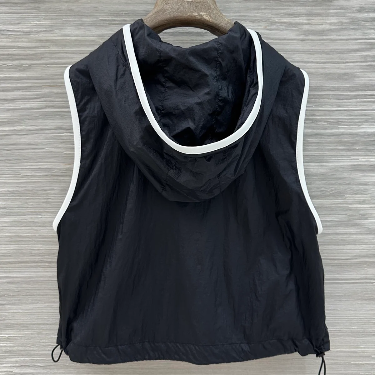 High Quality Women Hooded Sleeveless Zip Up Vest White Piping Drawstring Hem Casual Outerwear lyt183988