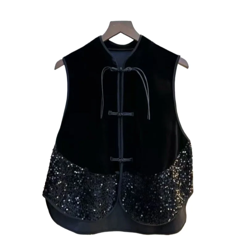 Traditional Chinese Clothing High-end Buckle New Splicing Heavy Industry Sequined Sleeveless Vest Velvet Jacket Beautiful Vest