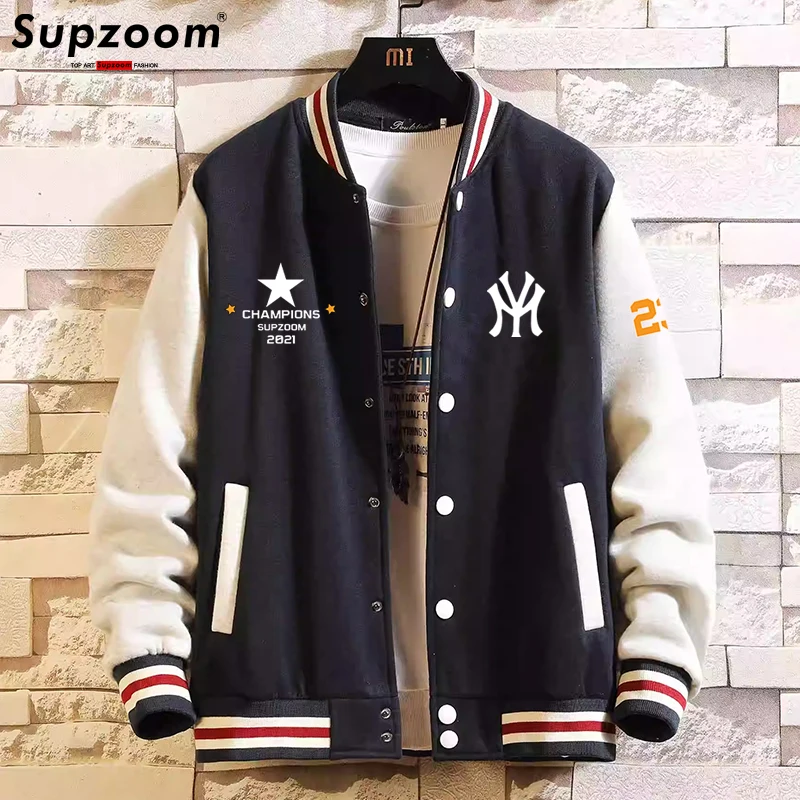 Supzoom New Arrival Letter Rib Sleeve Cotton Top Fashion Logo Single Breasted Casual Bomber Baseball Jacket Loose Cardigan Coat