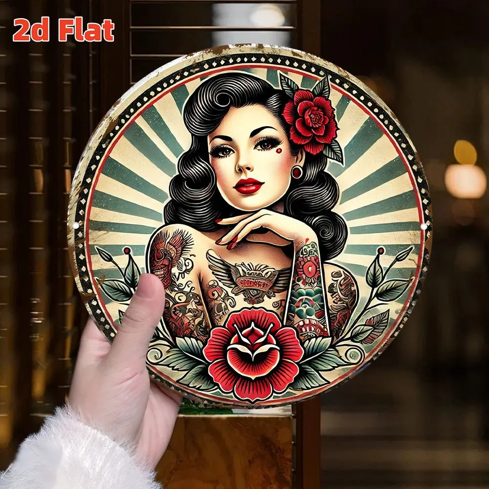 Vintage Tattoo Lady Metal Wall Art -Round Retro Pin-Up with Traditional Tattoo Designs, Durable Aluminum Sign for Tattoo Studio