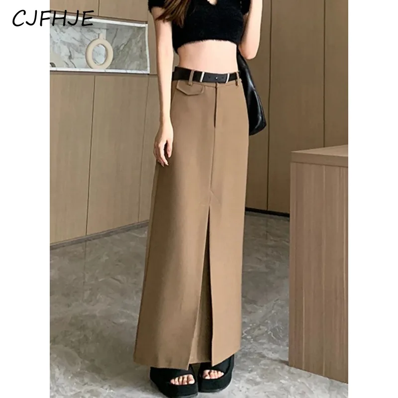 CJFHJE Design Fashion Khaki Grey Skirt with Belt Korean Elegant Office Ladies Slim Fit Long Shirt Skirt Plain Suit Skirts Women