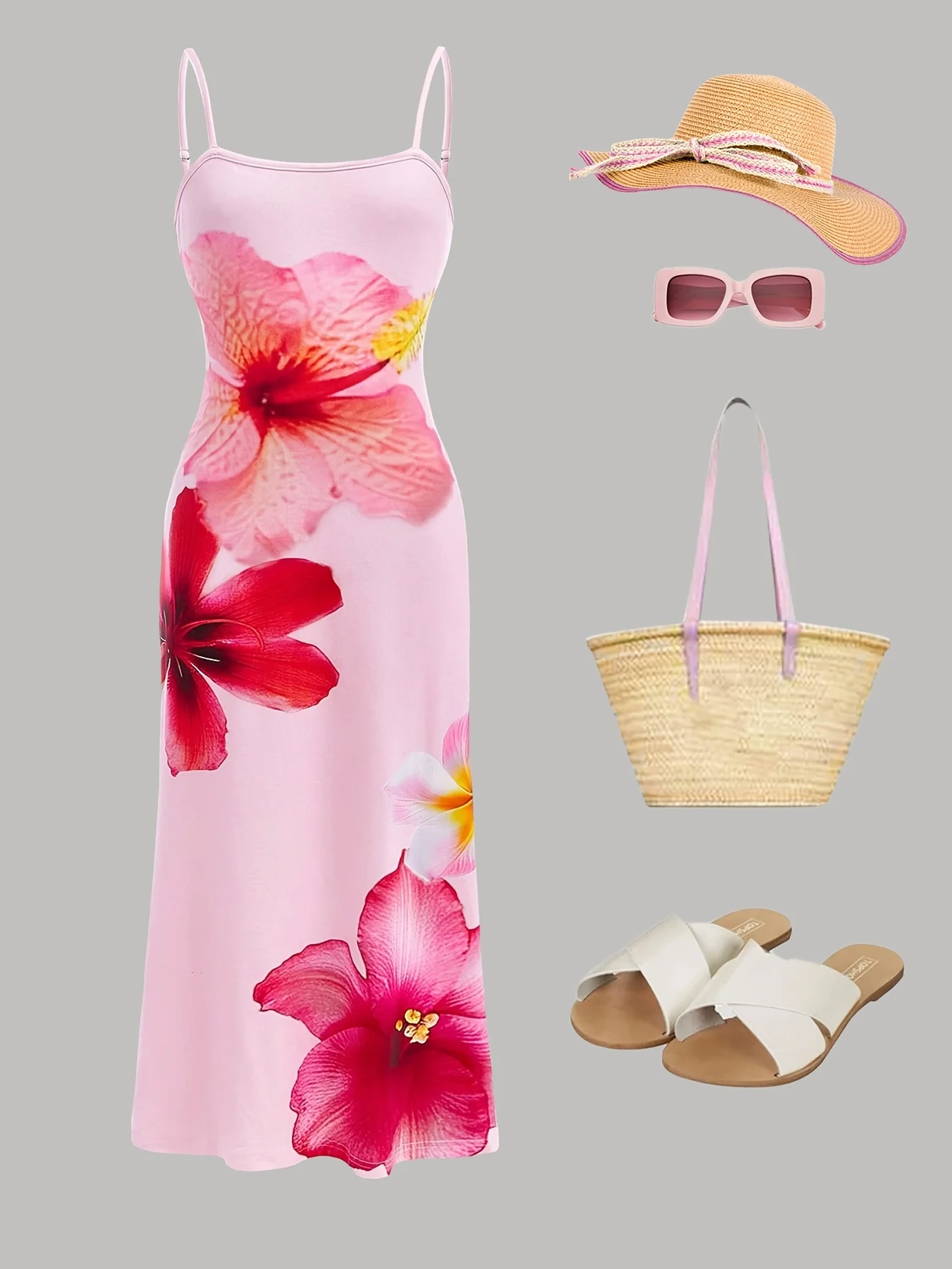 Girls' Casual Dress, New Summer Floral Slim-Fit Comfortable Casual Strap Dress, Pink Dress with Red Floral Print, Suitable for Daily Casual Wear, Beach Vacation, Suitable for Girls Aged 1-13