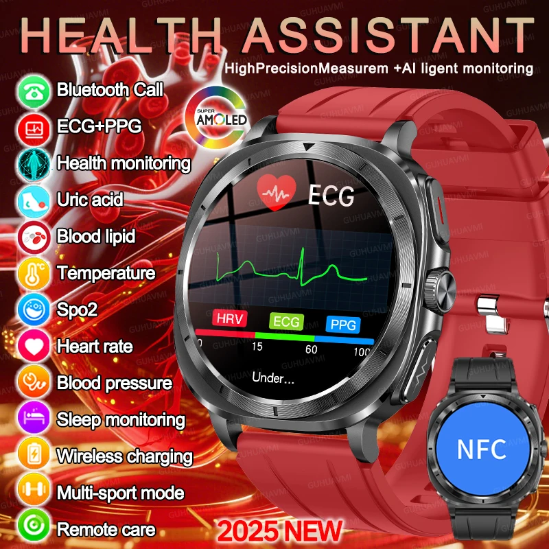 

Новый уровень эксперта, здоровье, AI-диагностика, SmartWatch для мужчин, ЭКГ + PPG, мочевая кислота, кровяное жир, кровяное давление, NFC HD, часы с вызовом для Android iOS