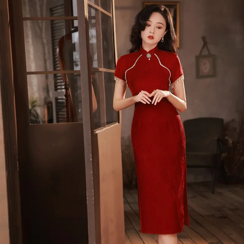 

Yourqipao Red Chinese Cheongsam Engagement Toast Clothing Short Sleeve Hanfu Skirt Tang Suit Women New Year Evening Dresses