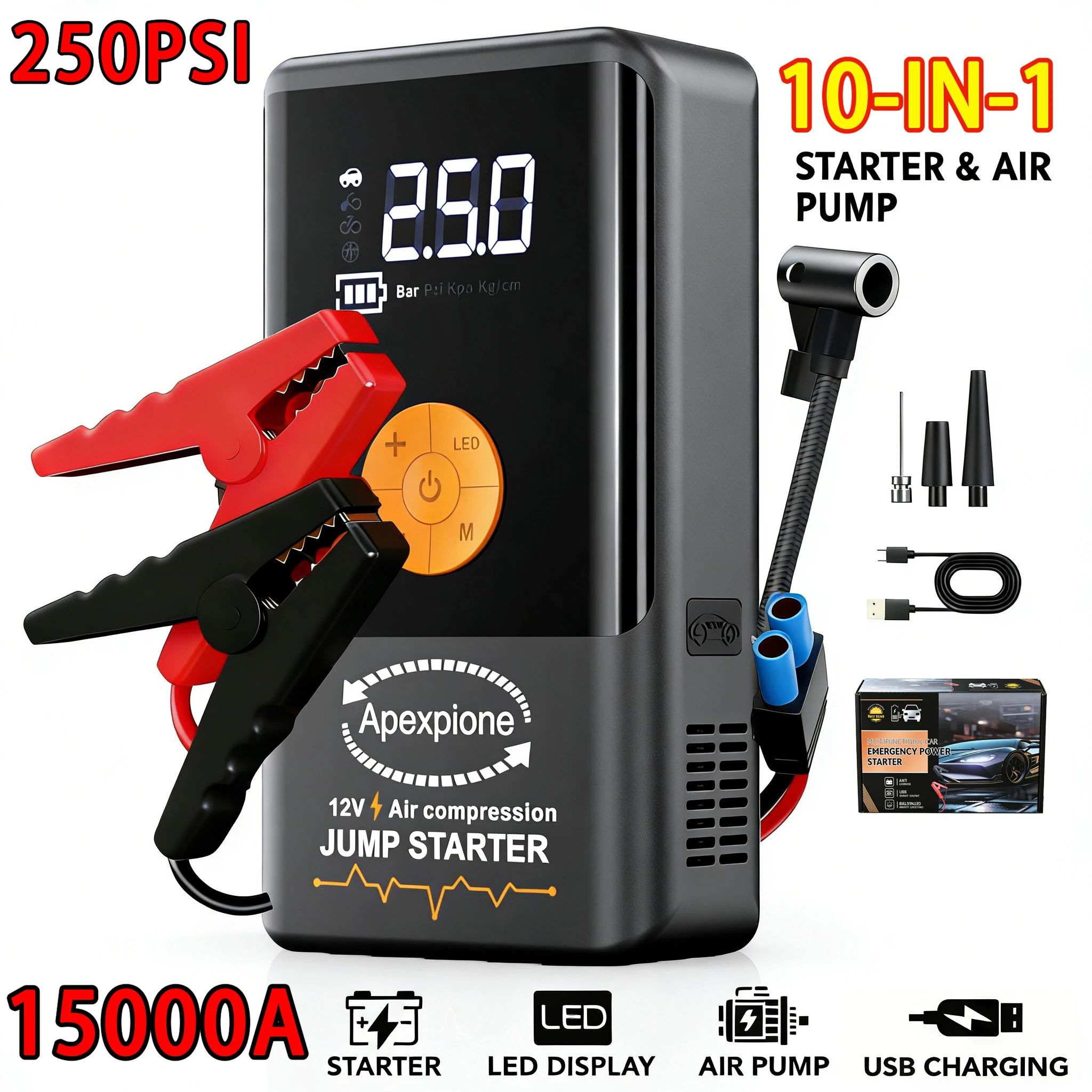High Peak Portable Car Emergency Starter Air Compressor with 250PSI Tire Inflation Function, Portable Battery Booster Pack, Featuring Emergency Start, Tire Inflation, USB Input/Output, LED Lighting, LCD Digital Display - A Multi-functional Automotive R