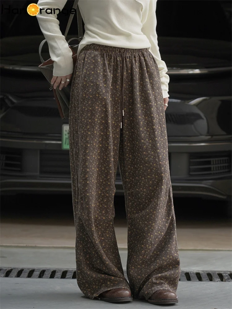 HanOrange 2025 Pantaloni autunnali bohémien retrò floreali con coulisse elastica Pantaloni da donna a vita alta con sensazione di caduta