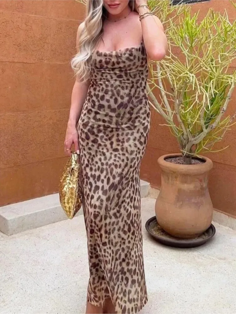 เสือดาวพิมพ์ชุดยาวผู้หญิง 2025 ฤดูร้อนใหม่ Vintage ชีฟองเซ็กซี่ Cami Midi หญิง Chic Party ชุดราตรี