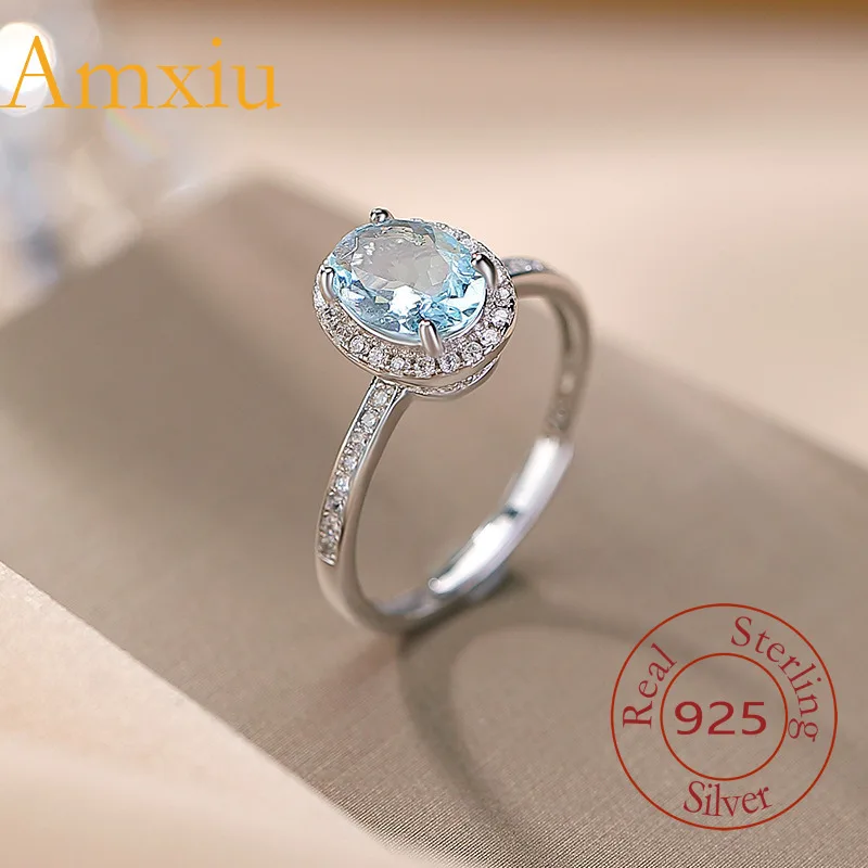 Amxiu Sterling Silver 925  Aquamarine Elegant Light Luxury Commuting Versatile Egg Cut Faceted Women's Adjustable Ring
