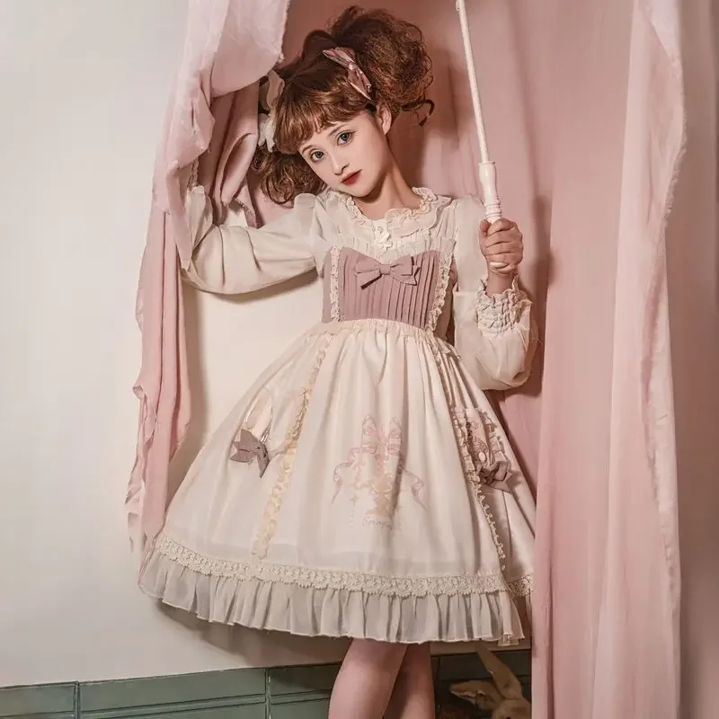 MAGOGO Japanese Retro Kawaii Lolita Jsk Dress Women Cute Bow Lace Ruffles Patchwork Dresses Girls Victorian Sweet Strap Dress