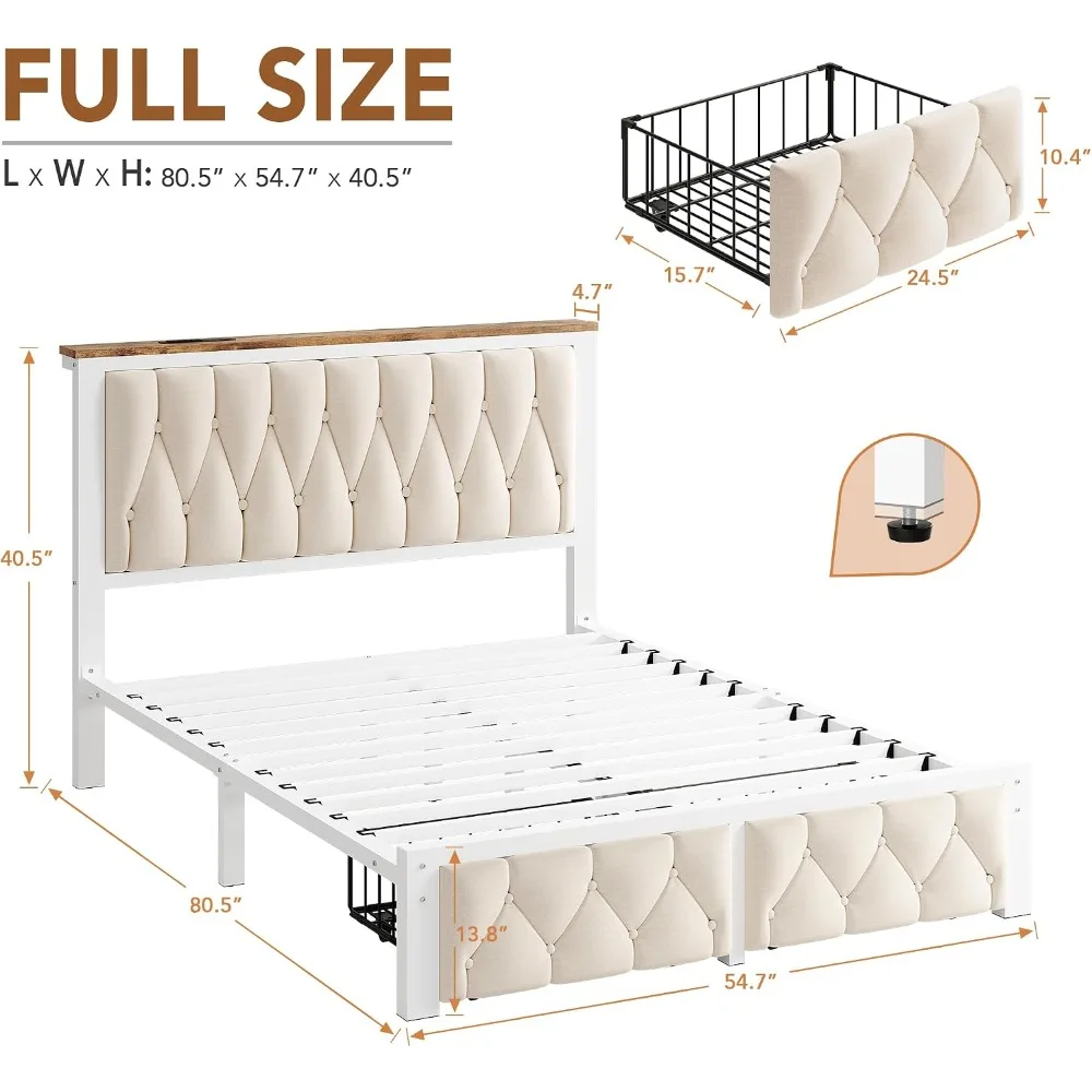 Full Bed Frame with 2 Drawers, Upholstered Platform, Charging Station, Beige