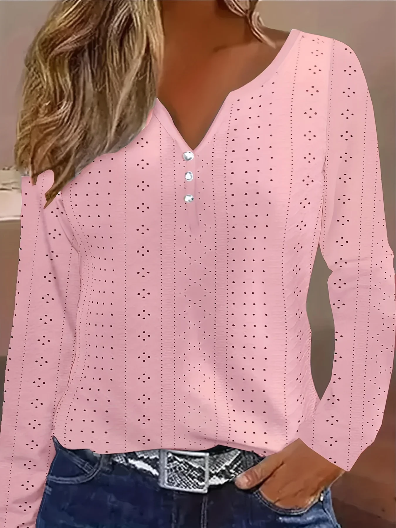 Plus Size Women Solid V Neck Long Sleeve T-shirt Eyelet Hollow Button Casual Tee Ladies Autumn Daily Blouse