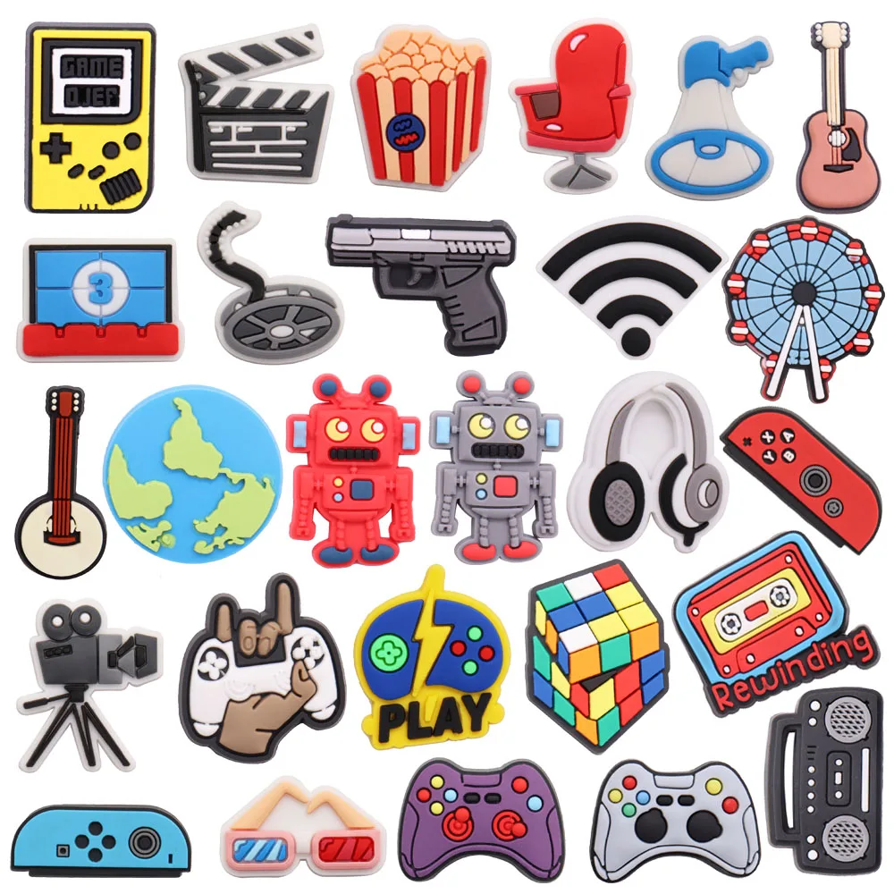 1pcs PVC Shoe Charms Game Console Popcorn Movie Speaker Gun Wifi Ferris Wheel Earth Hole Slipper Decoration Bands Bracelets